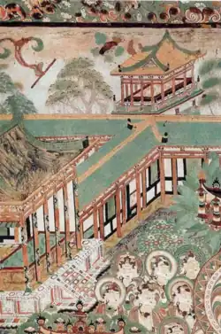 Middle-Tang dynasty Mogao Grotto mural of architecture.
