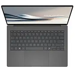 A finger lifting the lid of the Zenbook A14