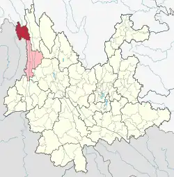 Location of Gongshan County (red) and Nujiang Prefecture (pink) within Yunnan province of China