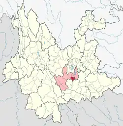 Location of Tonghai County (red) and Yuxi City (pink) within Yunnan