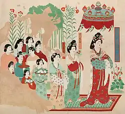 The Governor's Wife Offering in the Mogao Caves, depicting the wife and two daughters of the governor of Jinchang County, alongside nine handmaidens, c. 742–756