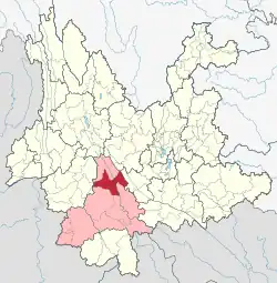 Location of Zhenyuan County (red) and Pu'er City (pink) within Yunnan