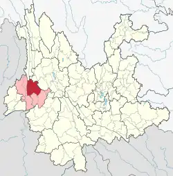 Location of Longyang District (red) and Baoshan Prefecture (pink) within Yunnan province of China