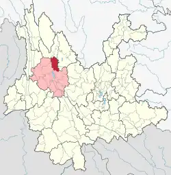 Location of Heqing County (red) and Dali Prefecture (pink) within Yunnan province