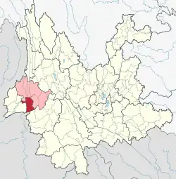 Location of Longling County (red) and Baoshan City (pink) within Yunnan