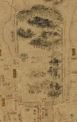 Map of the ruins of Gyeongbokgung during the 18th century; Gyeonghoeru's ruins can be seen in the square area