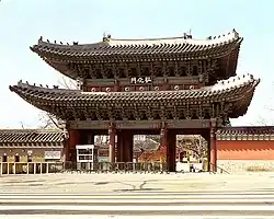 Honghwa Gate, Changgyeonggung. Rebuilt in 1616, it is one of the oldest surviving wooden gates in Korea.
