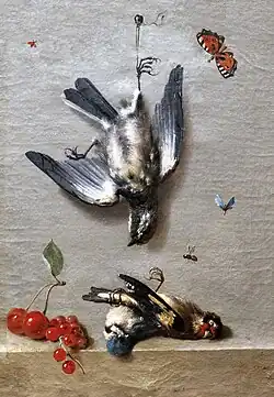 Jean-Baptiste Oudry, Still life with three dead birds, redcurrants, cherries and insects, 1712.