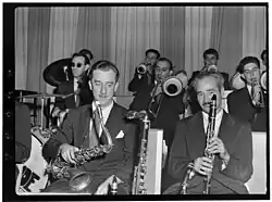 Portrait of Micky Folus, Danny Polo, Billy Exiner, Vahe (Tak) Takvorian, and Al Langstaff, at Eddie Condon's, New York, ca. October 1947
