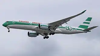 An Airbus A350-941 (B-LRJ) with the 80th anniversary retro livery