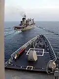 USS Antietam coming alongside JS Hamana for refueling 18 December 2001.