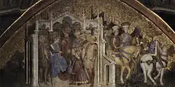 Pastiglia patterning in the gilded "sky" of this fresco by the Zavattari brothers (Theodelinda Chapel, Monza).