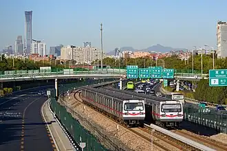Line 1 trains east of the Beijing central business district