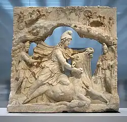 Image 39Marble relief of Mithras slaying the bull (2nd century, Louvre-Lens); Mithraism was among the most widespread mystery religions of the Roman Empire. (from Culture of ancient Rome)