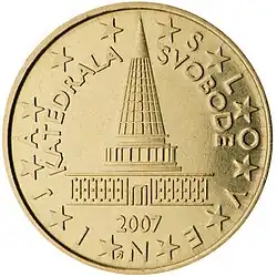€0.10 Jože Plečnik's idea for the national parliament, with the inscription "Katedrala svobode" (Cathedral of Freedom)