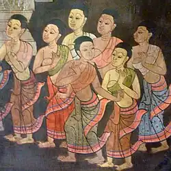 Painting of Siamese women wearing pha nung and Sabai or pha biang in Wat Pho, Bangkok