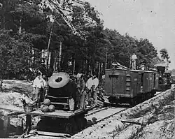 13-inch seacoast mortar, Model 1861, "The Dictator" on railroad cars during the siege of Petersburg.