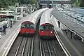 Two Piccadilly line trains passing each other