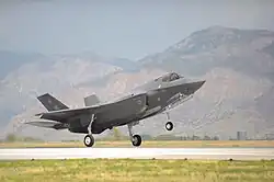 An F-35A Lightning II of the 388th Fighter Wing touches down at Hill Air Force Base during 2015.