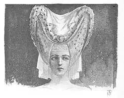 15th-century escoffion with jewelled velvet and lawn (1908 illustration)