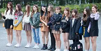 I.O.I in October 2016 L–R: Nayoung, Yeonjung, Mina, Jieqiong, Chaeyeon, Somi, Sejeong, Chungha, Yoojung, Sohye, and Doyeon