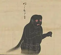 17 Nuribotoke (ぬりぼとけ）is a yōkai that resembles an animated corpse. Distinguishing attributes in most depictions are its pitch black color and its droopy, dangling eyeballs.[32] Its name means "lacquered Buddha", although the term for Buddha (hotoke) can also be used for people who have died, since it is believed that they, too, become a buddha. This yōkai is commonly said to appear at night out of a butsudan (Buddhist shrine) that has been left open overnight or otherwise poorly maintained.[19] In such cases, it has been shown to crawl out of the butsudan in order to cause havoc. Some reports say that when it appears, it is simply to repair and maintain the butsudan itself; however, more mischievous and violent acts have also been seen.[19] One interesting aspect of the Nuribotoke's appearance is the black appendage that can be seen coming from its back, which is widely debated. Many depictions, including this scroll, show it to be hair. Many of these portrayals are from the Edo period.[53] However, there are also many records showing this yokai to actually have a catfish-like tail coming from its back.[53]