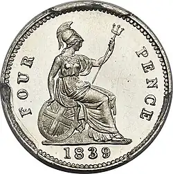 Silver coin with a rendering of Britannia