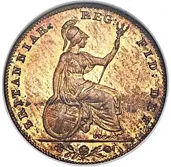 Copper coin with a rendering of Britannia