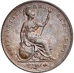 Copper coin with a rendering of Britannia