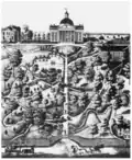 Drawing of Academic Hall, Switzler Hall, and the President's House around 1875