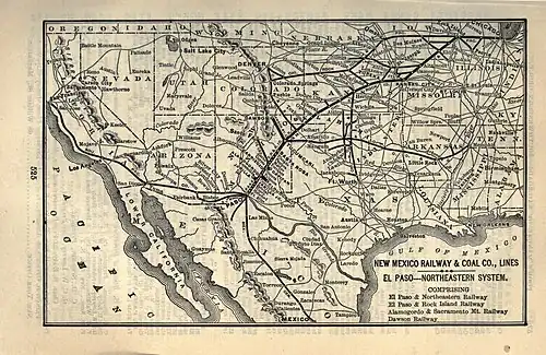 An old map on an aged leaf of paper taken from a book uses a mildly distorted projection of the southwestern United States to highlight certain routes between labeled destinations. The four railways of the New Mexico Railway and Coal Company are the boldest lines, connecting railways are less bold.