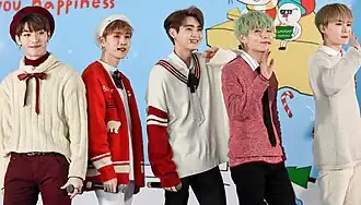 Seven O'Clock performing at the C-Festival, December 2019; from left: Hangyeom, 2Soul, Andy, Taeyoung, Rui