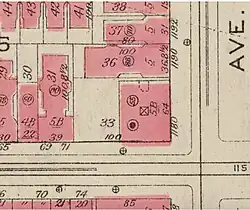 A 1923 map showing Francis F. Palmer's house on lot 33, block 1505, before George F. Baker Jr. acquired lots 30, 31, and 36, and before he built the additions of 1929–31.