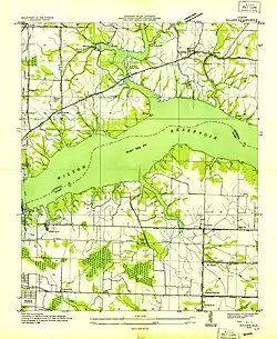 1936 USGS map of Wilson Reservoir submerging former location of Bainbridge, Alabama