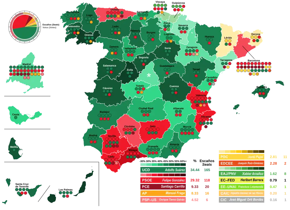 Map of Spain showcasing seat distribution by Congress of Deputies constituency