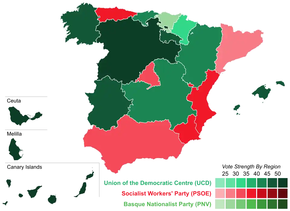 Map of Spain showcasing winning party's strength by autonomous community