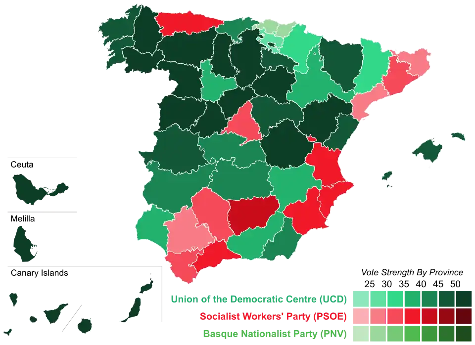 Map of Spain showcasing winning party's strength by constituency
