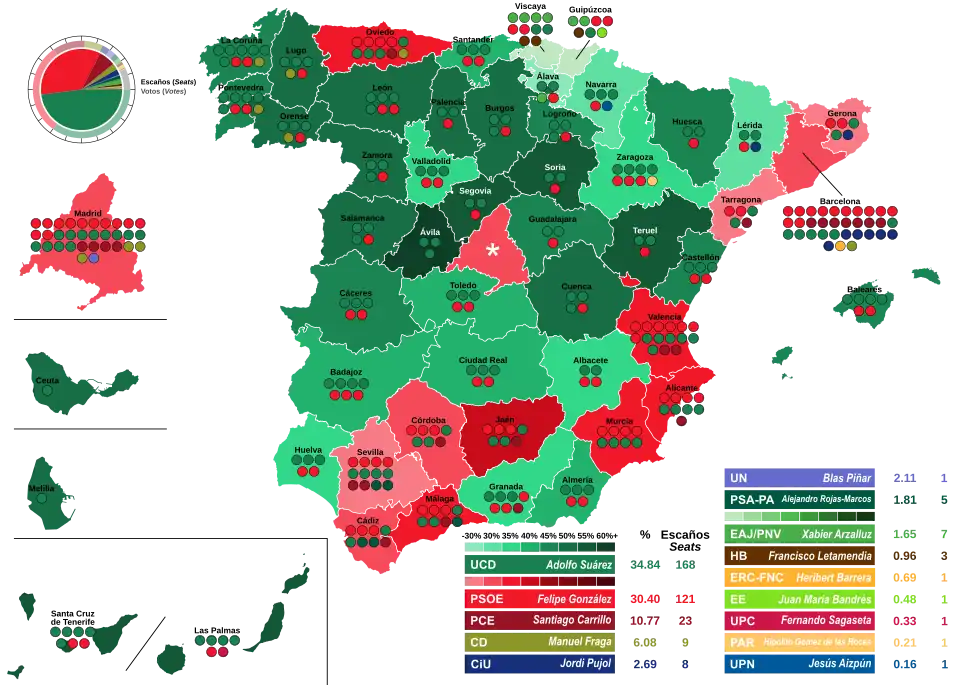 Map of Spain showcasing seat distribution by Congress of Deputies constituency