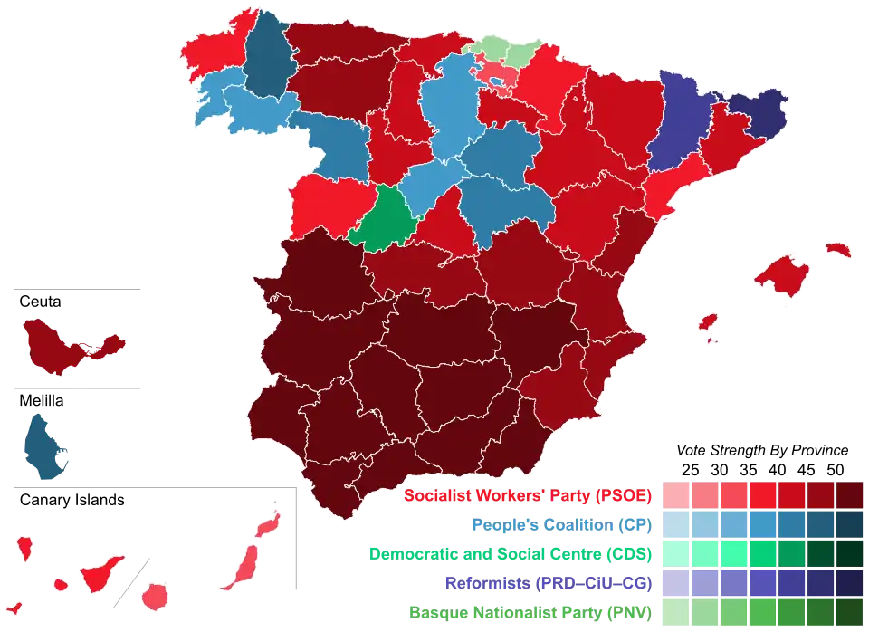 Map of Spain showcasing winning party's strength by constituency