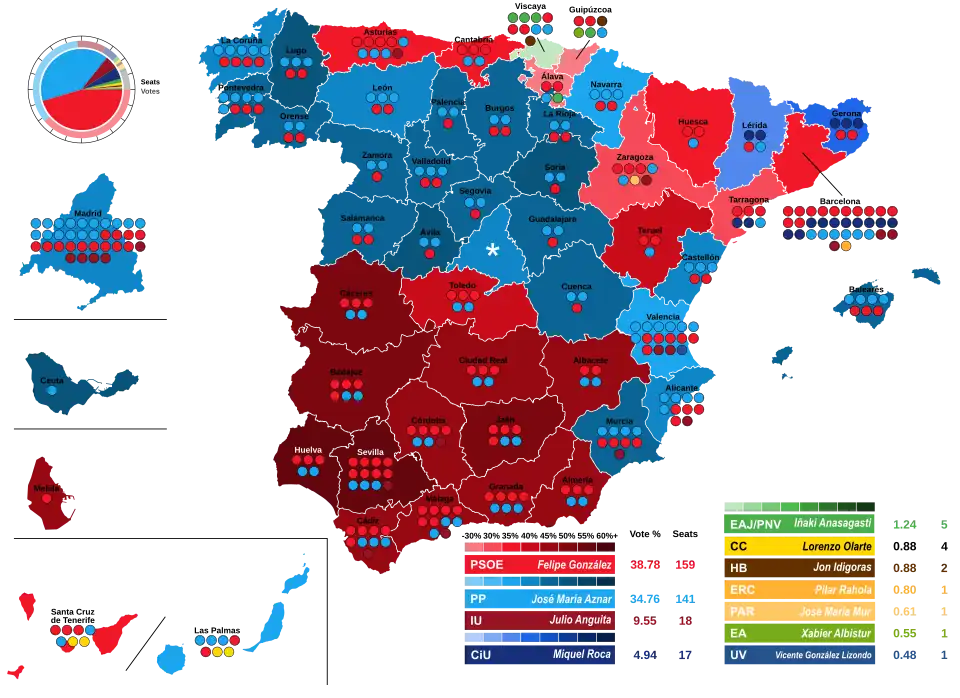 Map of Spain showcasing seat distribution by Congress of Deputies constituency