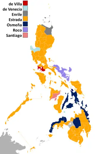 Provinces where Estrada won at least a plurality are in orange; provinces where Marcos' ally Juan Ponce Enrile won at least a plurality are in gray. The Marcoses supported Estrada in the election.