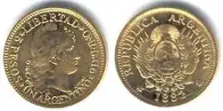 Two 1 Argentino coins are pictured side by side, one displaying either side. The heads side displays the head of a person in side profile, while the tail side is of too low a resolution to identify.