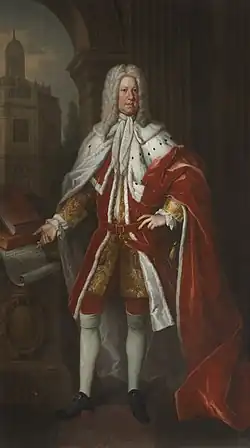 Detail from a portrait of Arran, showing the head of an elder clean-shaven man wearing a long white curly wig