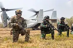 U.S Marines and Indonesian National Armed Forces hold security during on and off drills as part of Super Garuda Shield 2024 near Surabaya, East Java, 2 September 2024.