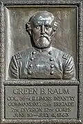 Bronze relief portrait of Colonel Green B. Raum at Vicksburg National Military Park