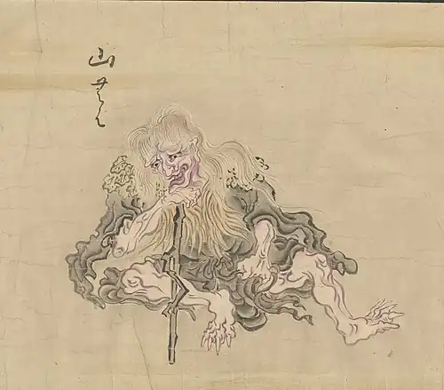 20 Yamamba (山んば) is a Japanese yōkai also known as Yamauba (山うば), Onibaba (鬼婆), Yama-onna (山女), Yama-hime (山姫), and Kijo (鬼女).[57] Yamamba are female yōkai that live alone in mountain huts. They occasionally offer a place to sleep for the night to travelers in the form of an old woman or beautiful young woman. After their guests fall asleep, they transform into their true form and eat their guests. Stories of yamamba encounters have been spread through those lucky enough to escape. Stories of yamamba are often bedtime stories for children warning them to not go near the mountains. In classic folklore, yamamba typically preys on travelers and merchants such as ox-drivers, horse drivers, and coopers, who often travel between villages and walk through the mountains. They are thought to have widely spread the tales of yamamba.[58] Yamamba are typically portrayed in two ways. There are tales in which yamamba is a fearful monster that attacks and eats travelers, and tales in which yamamba is a benevolent yōkai that gives good fortune to people who were kind to her.[59]