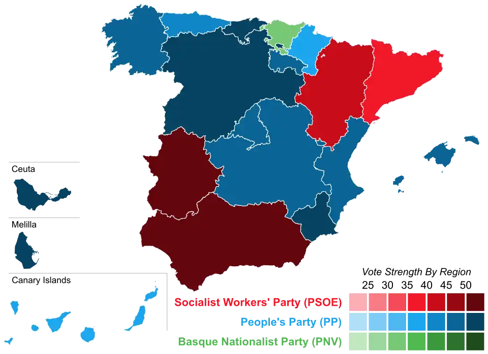 Map of Spain showcasing winning party's strength by autonomous community