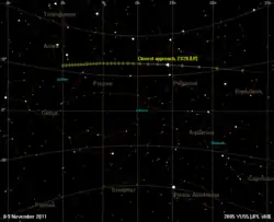 Skymap showing apparent trajectory of 2005 YU55.