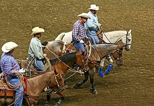Riders carrying modern lassos for competition in team roping at the Kentucky State Fair, 2008