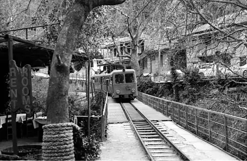 A Decauville diesel-electric train approaching Mega Spilaio (Zachlorou) railway station.